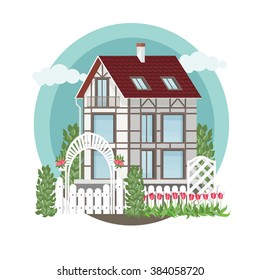 Rural Half-timbered Cottage With A White Picket Fence. Vector Illustration