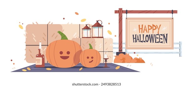 Rural Halloween composition with funny pumpkin, lantern, and wood signboard. Autumn holiday illustration on isolated background