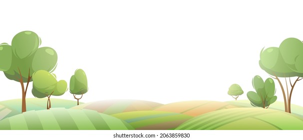 Rural harvest field landscape. Farm garden and fruit trees. Funny cartoon design illustration. Suburban sceneries. Flat style. Isolated on white background. Vector