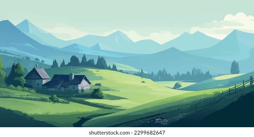 Rural Haven  Vector Illustration of Idyllic Countryside with Meadows  Mountains  and Cottage in Scenic Panoramic Landscape