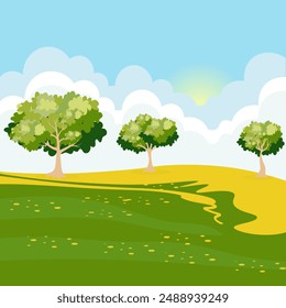 Rural hills. Clouds and trees on the hills. Pasture grass for cows. Scenery. Beautiful view. Summer.