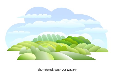 Rural hills. Farm cute landscape. Funny cartoon design illustration. Flat style. Isolated on white background. Summer sky with clouds. Vector
