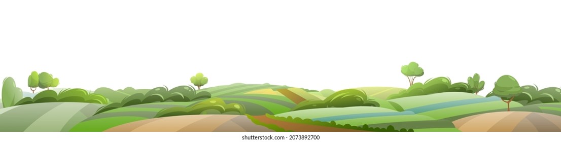 Colinas rurales. Granja lindo paisaje. Composición horizontal. Graciosa ilustración de diseño de dibujos animados. Estilo plano. Aislado sobre fondo blanco. Vector