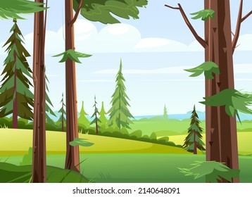 Rural hills and fields with coniferous trees. Cute funny floral green landscape. Rural countryside. Illustration in cartoon style flat design. Vector.