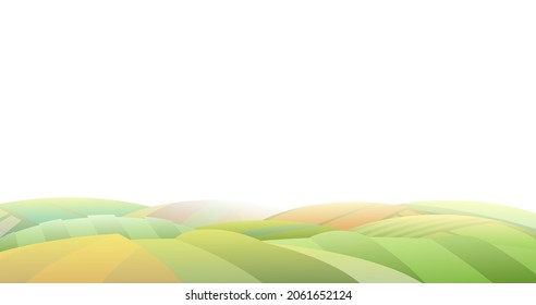 Rural hills with harvest of wheat and vegetables. Farm cute landscape. Funny cartoon design illustration. Flat style. Isolated on white background. Vector