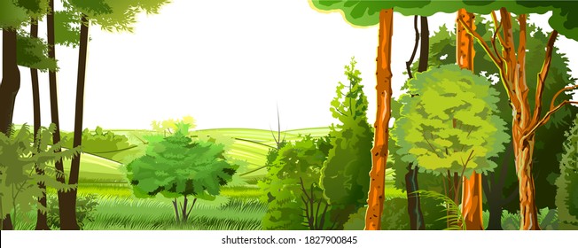 Rural hills. Landscape with trees. Vector. Pasture grass for cows and a place for a vegetable garden and farm. Meadows and trees. Horizon. Beautiful view. Summer.