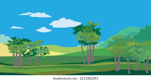 El paisaje de las colinas rurales vectorial fondo sobre blanco. Pastura de pasto para vacas. Padres y árboles. Horizonte.