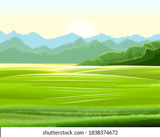 Rural hills. Scenery. Pasture grass for cows and a place for a vegetable garden and farm. Meadows and trees. Horizon. Beautiful view. Summer. Vector