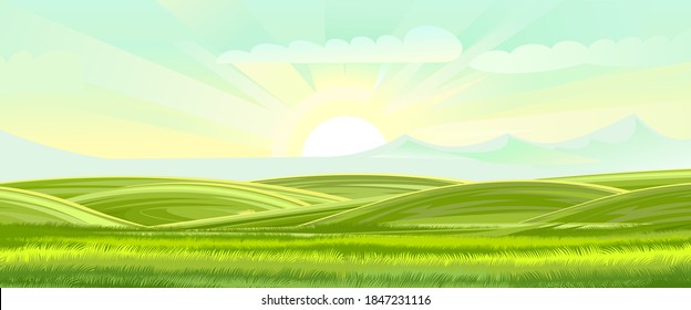 Colinas rurales. El paisaje. Vector. Pastura de pasto para vacas y un lugar para huerto y granja. Vegetales. Horizonte. Bonitas vistas. Verano.