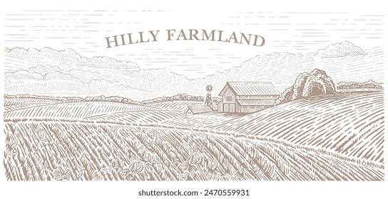 Rural hilly landscape with a farm. Dawn above agricultural fields. Illustration in engraving style.