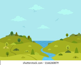 Rural hilly landscape with green hills, trees and river. Flat design, vector illustration.