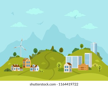 Rural hilly landscape with houses, buildings, green hills, trees and windmill. Flat design, vector illustration.