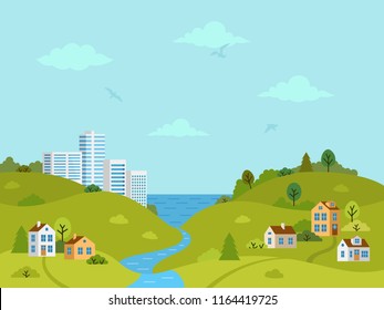 Rural hilly landscape with houses, buildings, green hills, trees and river. Flat design, vector illustration.