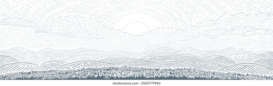 Rural hilly landscape panoramic format with dawn sun and hills and mountain ridge, drawing in graphic style, monochrome. Vector illustration.