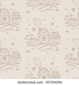 Rural home. Winter seamless pattern. Snowflakes background.