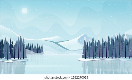 Rural horizontal background. Winter scene landscape with frozen lake or river, mountains, snowy trees or pines and forest.  Snow falls. Cold weather. Stock vector illustration.