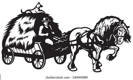 rural horse drawn cart with hay, black and white illustration