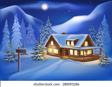 Rural house among the snow-covered hills on Christmas Eve. Night landscape.
