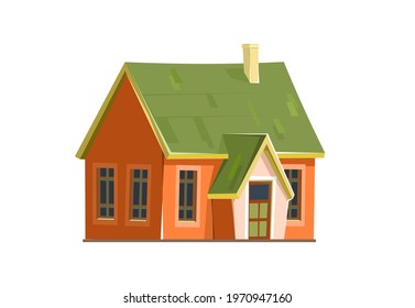 Rural house in a cheerful cartoon flat style. Isolated on white background. Half turn. Gable green roof. Small cozy suburban cottage. Rural village. Plastered walls. Vector.