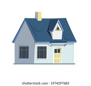 Rural house in a cheerful cartoon flat style. Isolated on white background. Half turn. Gable blue roof. Small cozy suburban cottage. Rural village. Plastered walls. Vector.