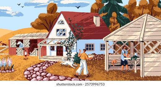 Rural house in country in autumn. Family relaxes on farm, countryside nature with wooden home, summerhouse, fields and forest. Fall season in village. Cottagecore lifestyle. Flat vector illustration