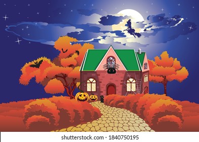 Rural house decorated for Halloween holiday celebration.
