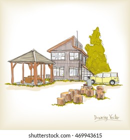 rural house design in Japan, free hand drawing, vector illustration