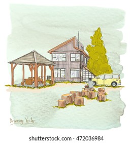 rural house desing in Japan, free hand drawing, vector illustration