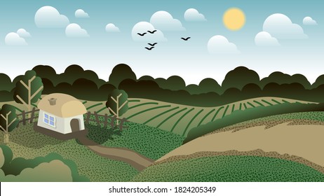 rural house with a fence and trees located in the hills with grass, bushes, dirt road on the background of field, forest, sky with sun, clouds, silhouettes of flying birds. vector.