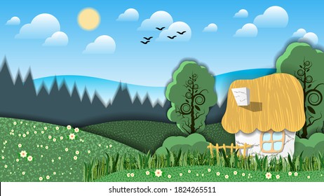 a rural house with a fence and trees is located in a meadow with grass, bushes, flowers against the background of fields, hills, forest, sky with the sun, clouds, silhouettes of flying birds. vector.