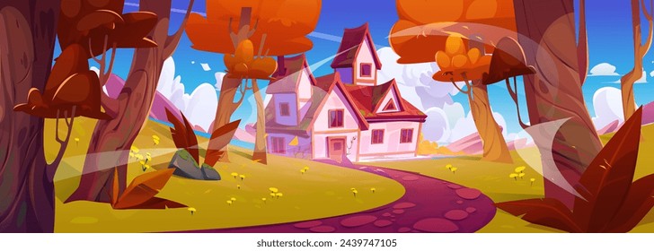 Rural house in forest with orange leave on trees, grass and path in autumn. Cartoon fall landscape with cute cozy cabin in woodland. Road lead to country cottage surrounded by woods in windy weather.