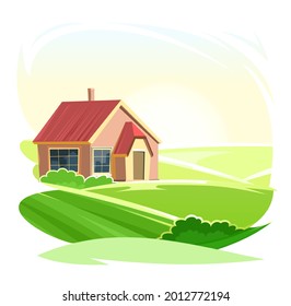 Rural House. In  In A Fun Cartoon Flat Style. Isolated On White Background. Gable Red Roof. Small Cozy Suburban Cottage. Rural Village. In The Meadow. Sun And Sky. Vector.