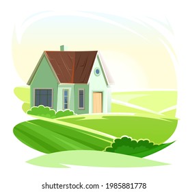 Rural house. Half-turned. In a fun cartoon flat style. Isolated on white background. Gable roof. Small cozy suburban cottage. Rural village. In the meadow. Sun and sky. Vector.