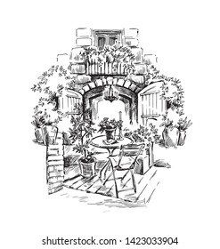 Rural house landscape. Village landscape. Scan of Original pen and ink drawing. Fullsize raster artwork.