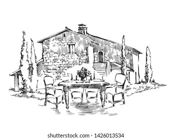 Rural house landscape. Village landscape. Scan of Original pen and ink drawing. Fullsize raster artwork.