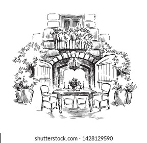 Rural house landscape. Village landscape. Scan of Original pen and ink drawing. Fullsize raster artwork.