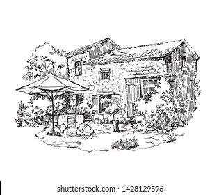 Rural house landscape. Village landscape. Scan of Original pen and ink drawing. Fullsize raster artwork.