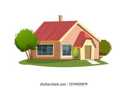 Rural house in the meadow. Half turn. Cheerful cartoon flat style. Isolated on white background. Gable roof. Small cozy suburban cottage with trees. Sun and sky. Vector.