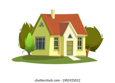 Rural house in the meadow. Half turn. Cheerful cartoon flat style. Isolated on white background. Gable roof. Small cozy suburban cottage with trees. Sun and sky. Vector.