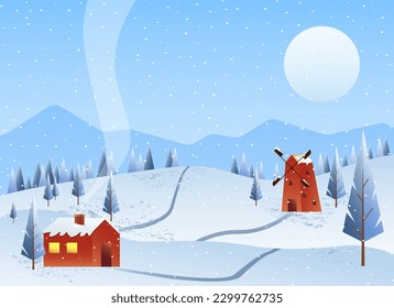 Rural house and mill against the backdrop of mountains, snow and trees. snowy day. Winter landscape. Flat vector illustration. For covers, advertising flyers, design and decor, packaging and brochures