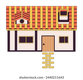 Rural house with paved road 2D linear cartoon object. Neat cottage building in old town isolated line vector element white background. Videogame design development color flat spot illustration