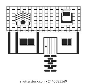 Rural house with paved road black and white 2D line cartoon object. Cottage building isolated line vector element white background. Videogame design development monochromatic flat spot illustration