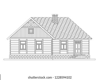 Rural house from processed logs. Angle connections with square logs. Vector illustration. White silhouette.