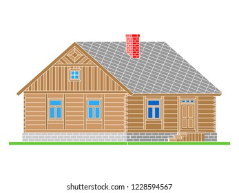 Rural house from processed logs. Angle connections with square logs. Vector illustration. Color  silhouette.