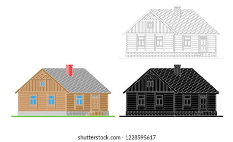 Rural house from processed logs. Angle connections with square logs. Vector illustration. White , black , color  silhouette.