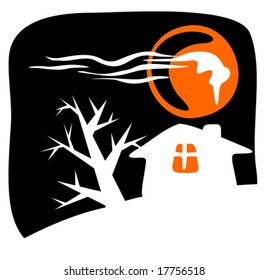 Rural house silhouette on a black background. Halloween illustration.