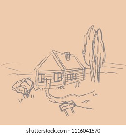 A rural house surrounded by nature painted by hand. Outline vector illustration of countryside