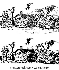 A rural house with a tiled roof on the background of mountains, surrounded by a fence of bushes and palm trees. Ink drawing, 2 different styles. Margarita Island, Venezuela