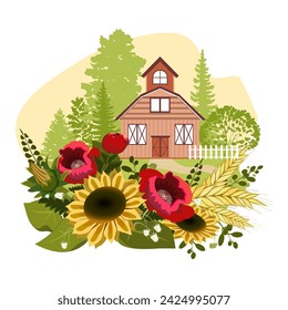Rural house with trees and frame of flowers. Vector illustration.