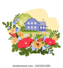 Casa rural con árboles y marco de flores. Ilustración vectorial.